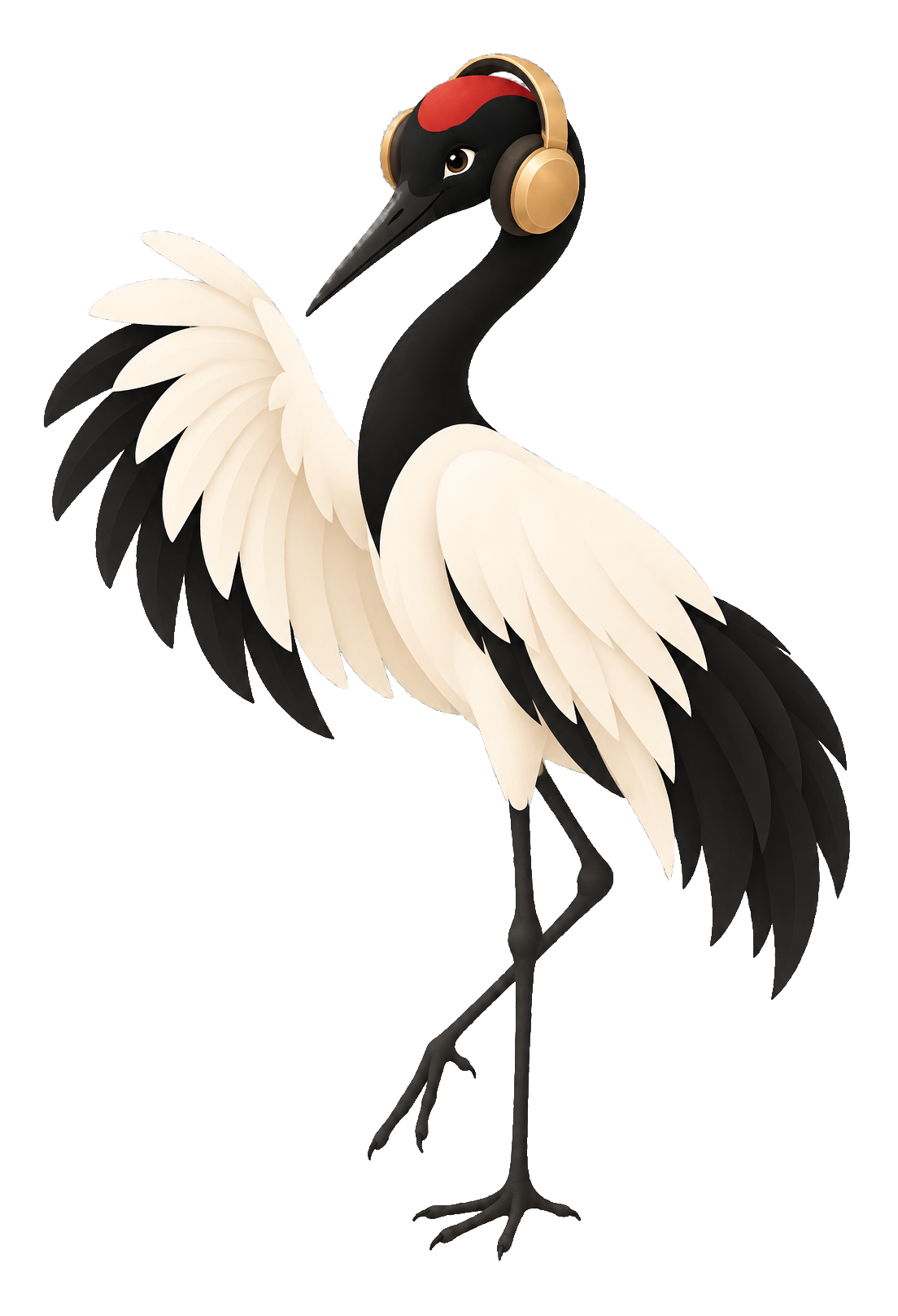 A cheerful crane enjoying wireless headphones
